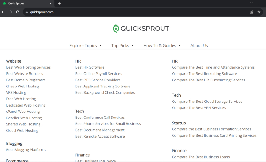 Screenshot of Quicksprout menu.