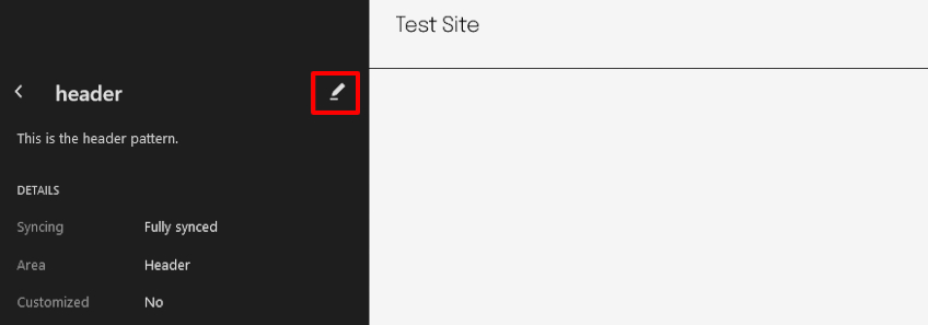 WordPress test site with the edit option for the header circled in red. 