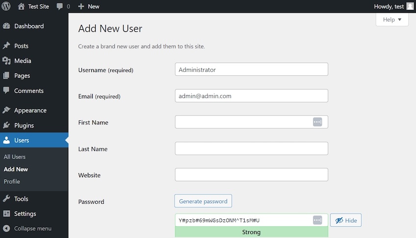 Add new user form in WordPress. 