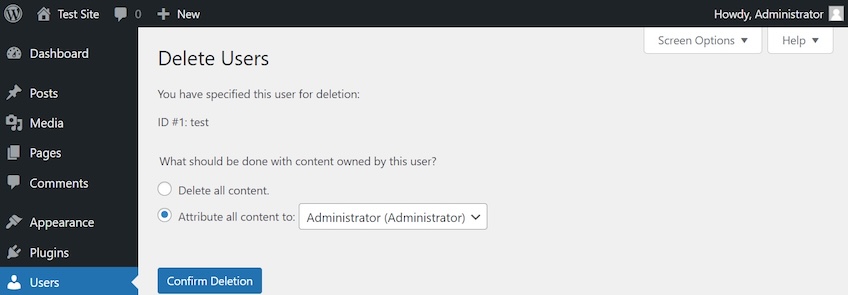 WordPress delete users page with a confirm deletion button. 