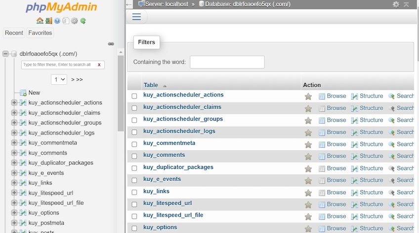 Screenshot of phpMyAdmin dashboard.