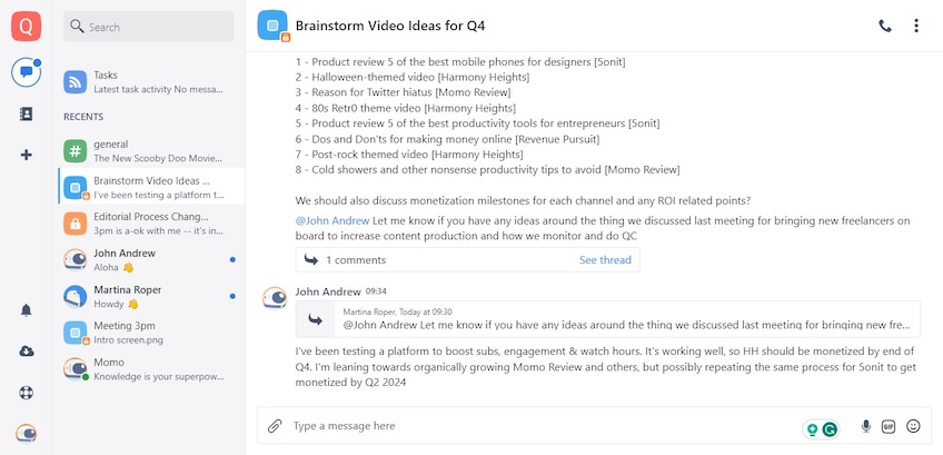 Chanty task management tool with a screenshot of the task "Brainstorm Video Ideas for Q4."