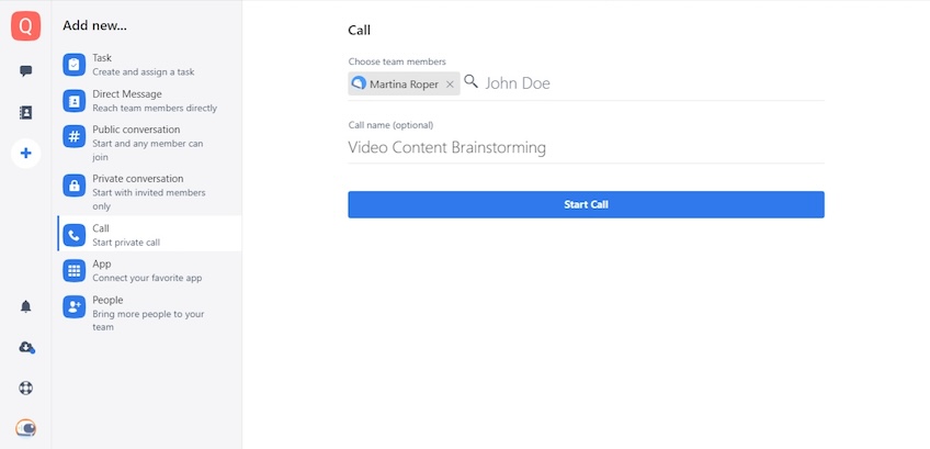 Chanty communications option with the screen to start a call shown. 
