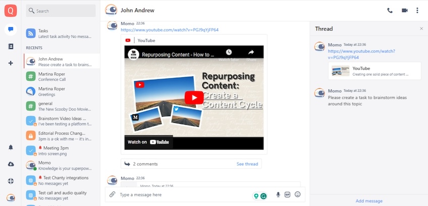 Screenshot of Chanty conversation sharing options with a message that has a YouTube video. 