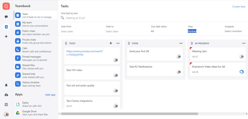Chanty Teambook interface view with tasks displayed in a kanban view. 