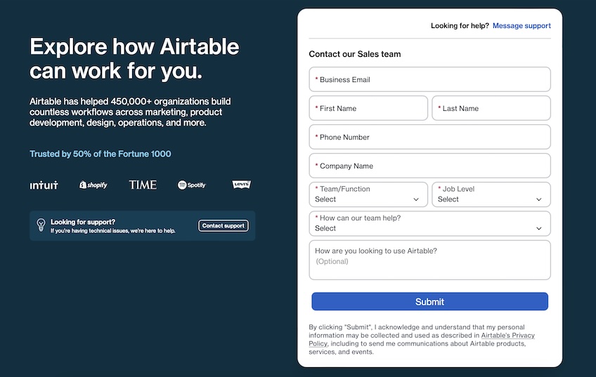 Airtable contact form to reach the sales department. 