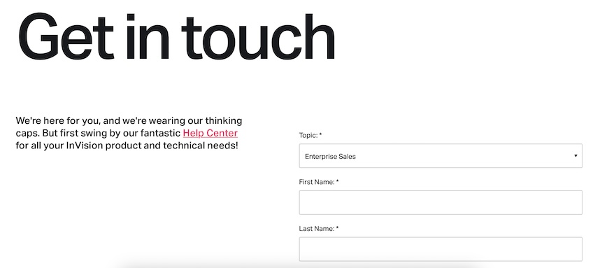 InVision contact form with options to select topic. 