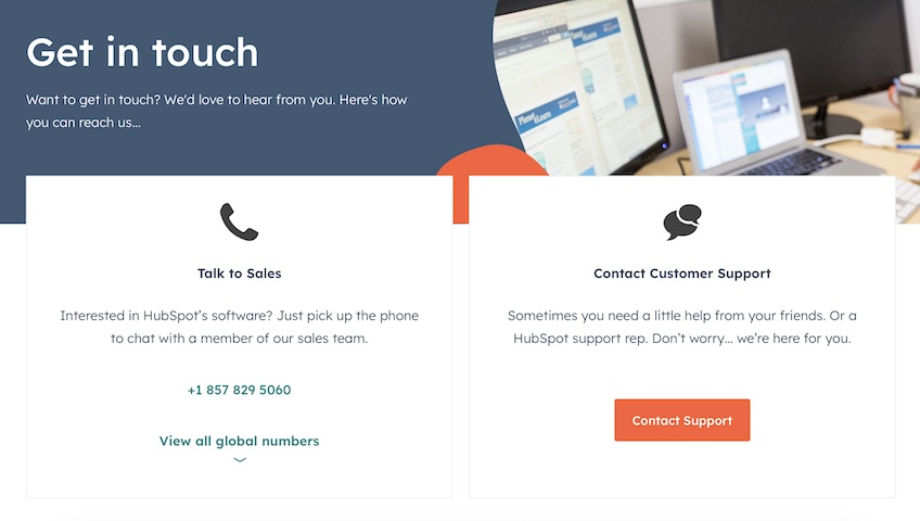HubSpot get in touch options. 