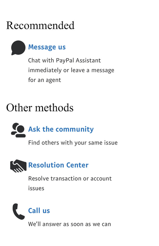 PayPal contact options include message support or ask community. 