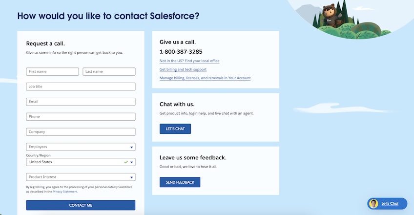 Salesforce request a call form and options to send feedback and chat with support. 