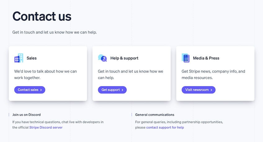 Three contact options for Stripe. 