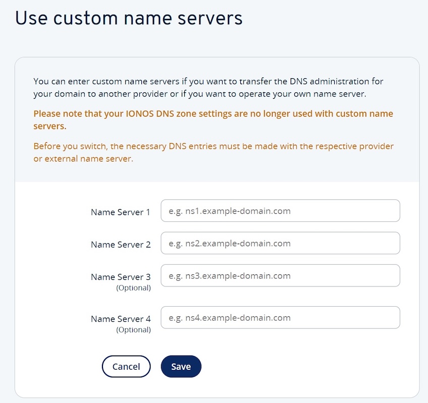 A form showing a domain’s custom name servers, with options for Name Server 1, Name Server 2, Name Server 3, and Name Server 4.