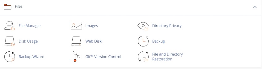The CPanel File Manager, including File Manager, Images, Directory Privacy, Disk Usage, Web Disk, Backup, Backup Wizard, Git Version Control, and File and Directory Restoration.