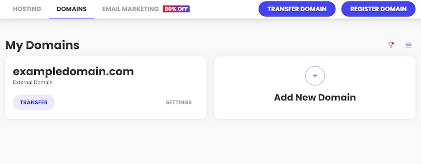 A domain management page, showing the heading My Domains, with the ability to view the domain exampledomain.com or add a new domain.