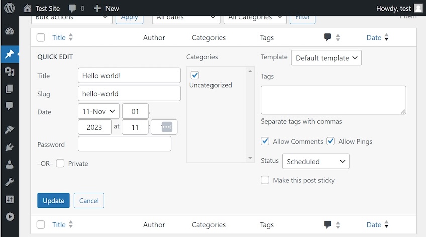 Quick edit option in WordPress platform. 