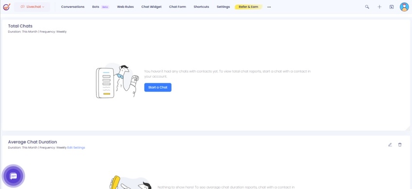 Livechat interface in EngageBay with a button to start a chat.