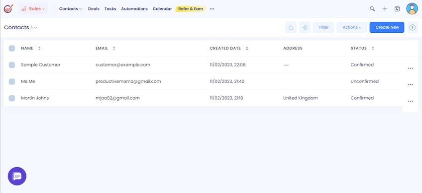 List of contacts in the EngageBay interface.