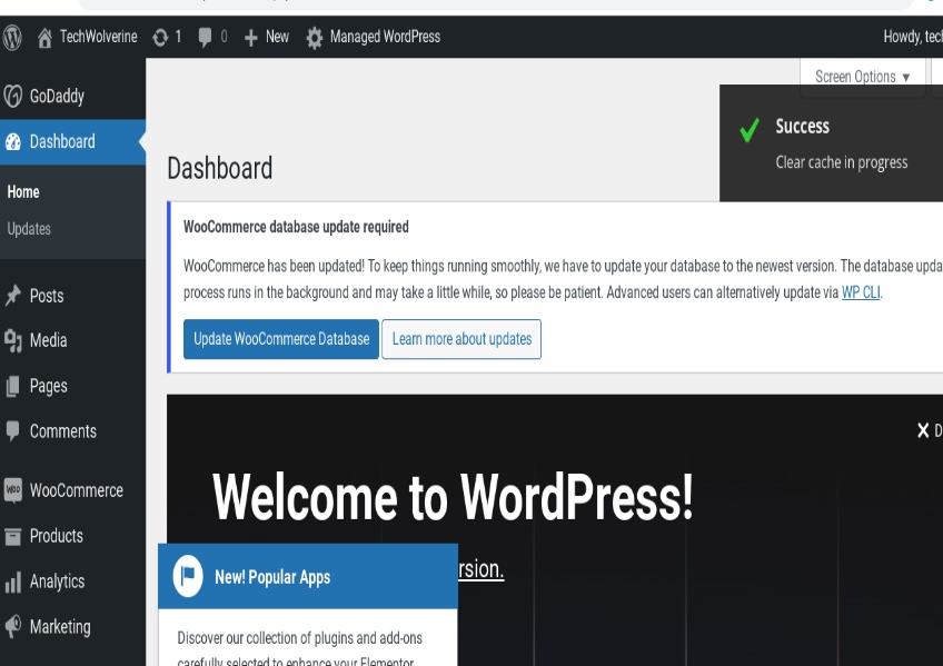 WordPress dashboard success message for clearing cache. 