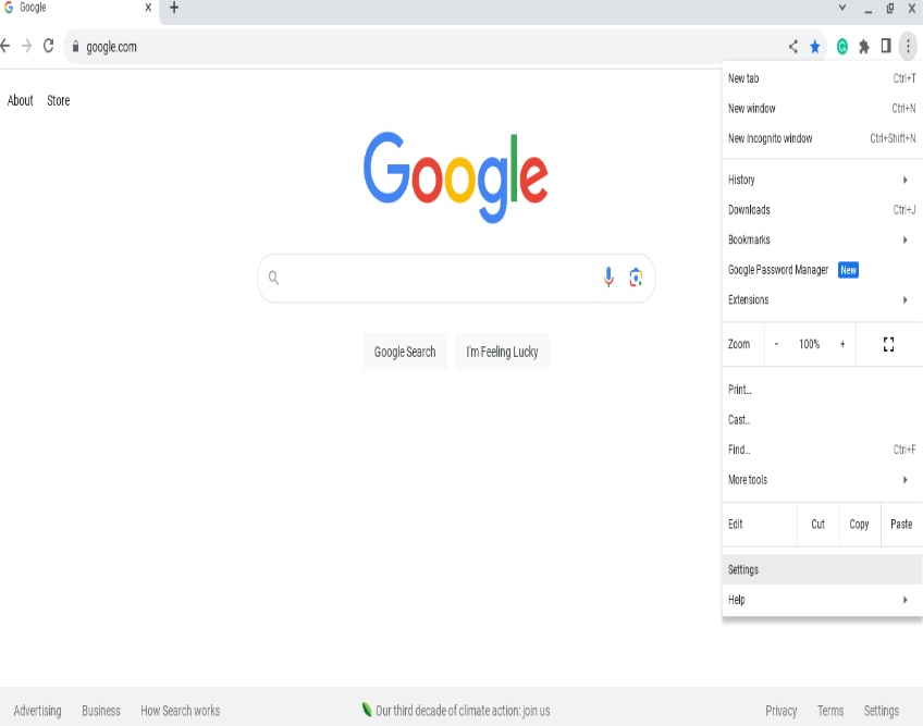 Google Chrome settings menu. 