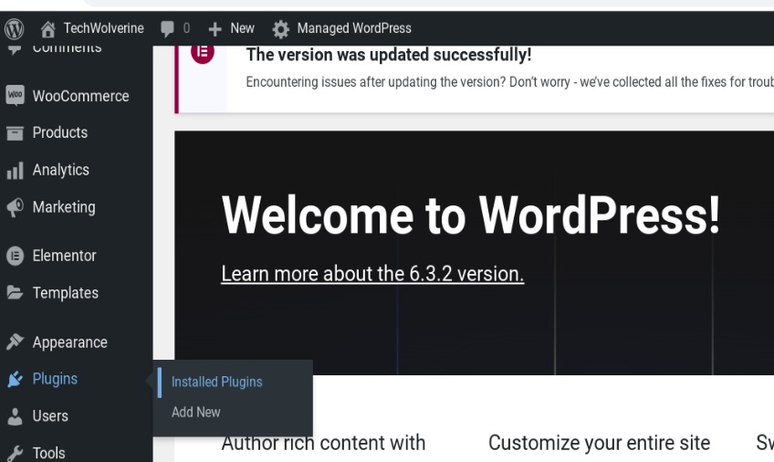 WordPress installed plugins menu. 