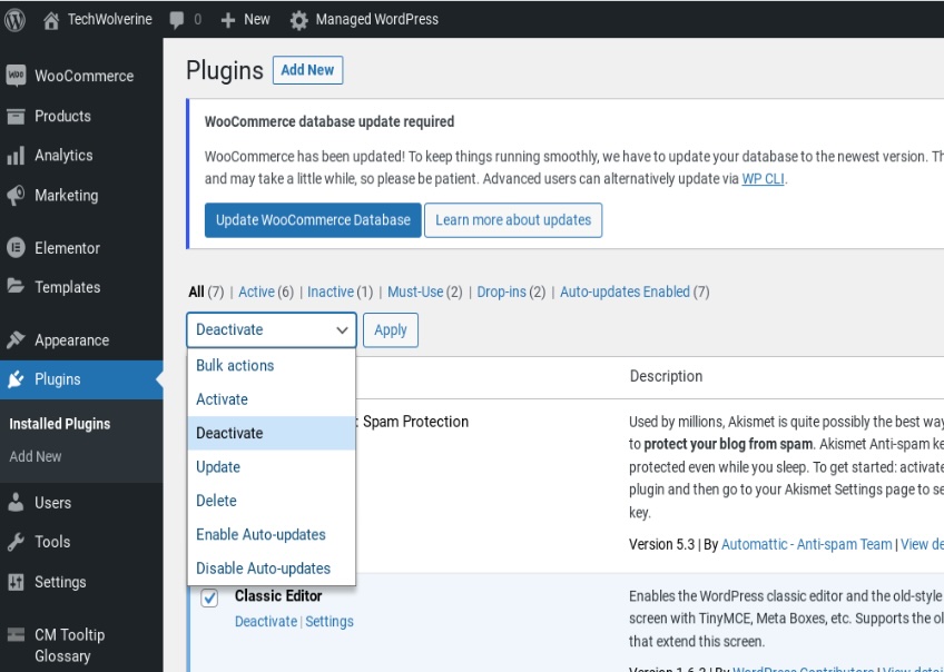 WordPress plugins page with the deactivate selection shown.