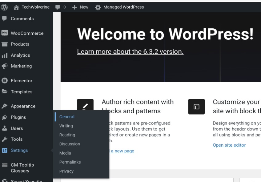 WordPress dashboard with general settings menu shown. 