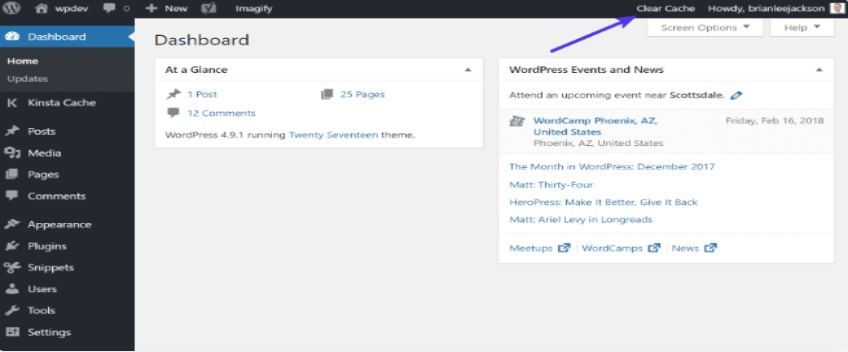 WordPress dashboard with arrow pointing to Clear Cache selection. 
