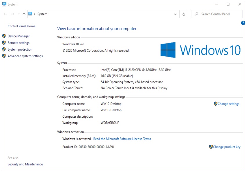 System settings menu for Windows 10.