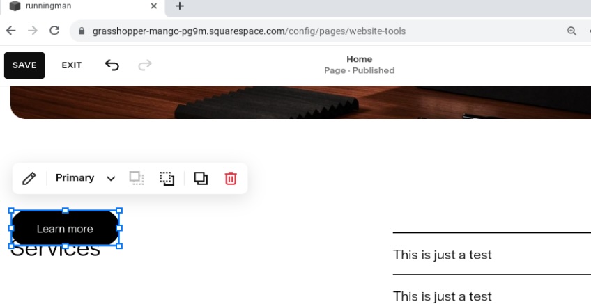 Learn more button on a Squarespace site.