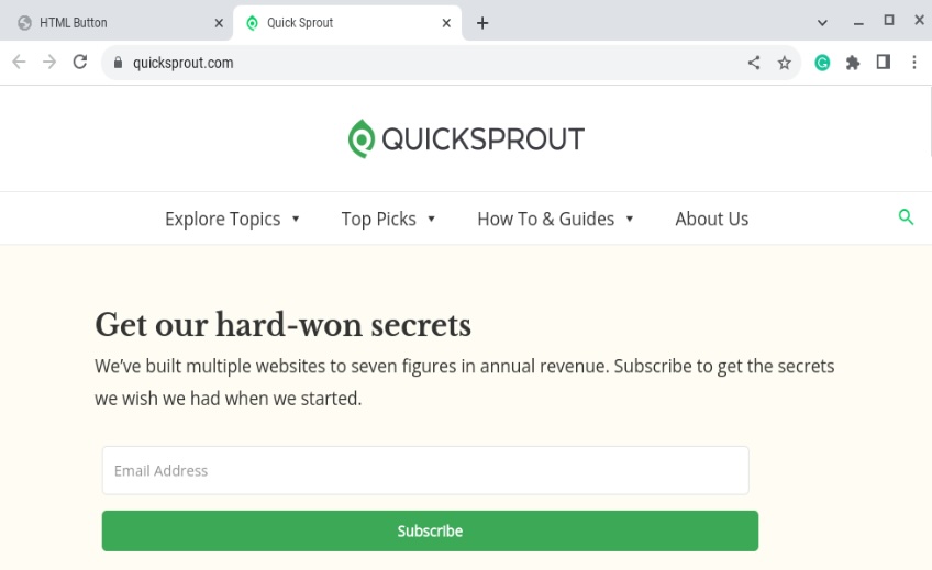 Quicksprout homepage opened in a separate window from the HTML button. 