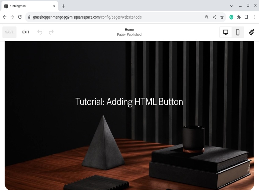 Squarespace page with text that reads Tutorial: Adding HTML button. 