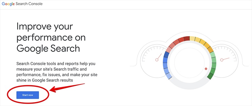 Landing page to improve your performance on Google Search with a red circle around the start now button. 