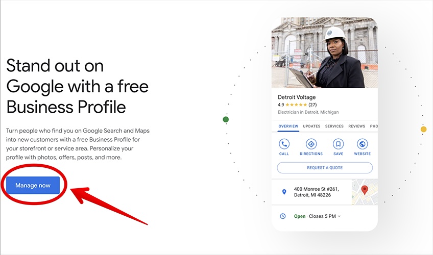 Google Business Profile landing page with a manage now button. 