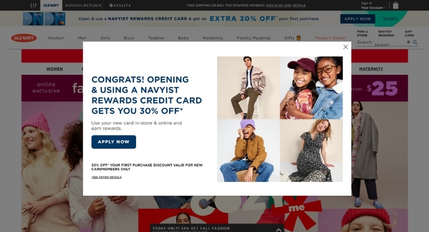 Lightbox with apply now button to signup for rewards.