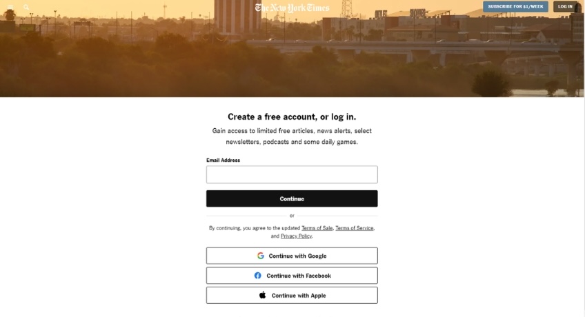 Subscription signup or login for The New York Times.