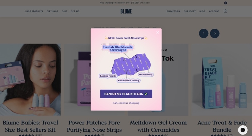 Blume website with a lightbox that pops up the product when visitors leave.