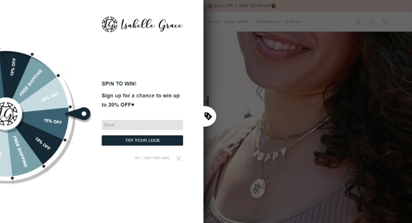 Spin to win lightbox on Isabelle Grace Jewelry website. 