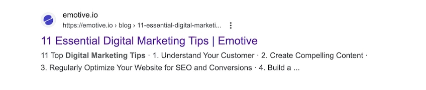 Emotive.io search result showing the meta description.