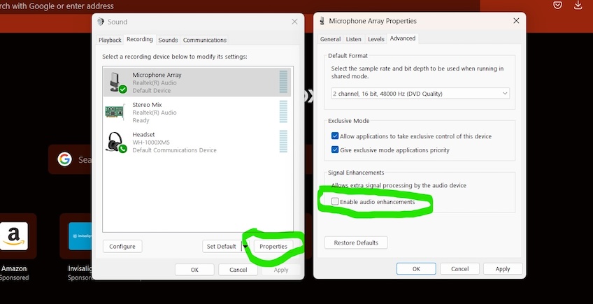 Sound settings with a green circle around the properties selection and a green circle around the option to check to enable audio enhancements.