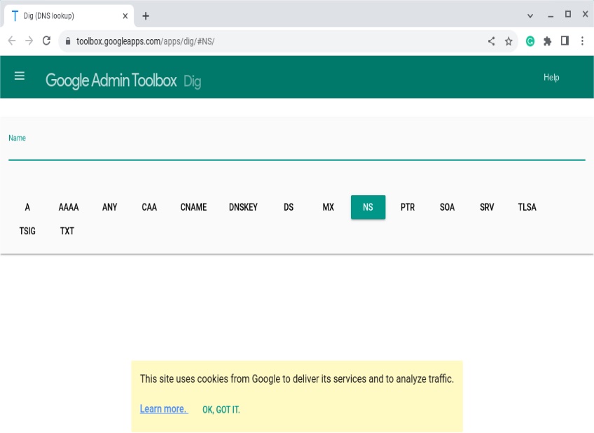 Captură de ecran a instrumentului Google Admin Toolbox Dig.