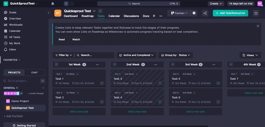 Proiectul de testare Quick Sprout afișat în pagina Nifty tasks.