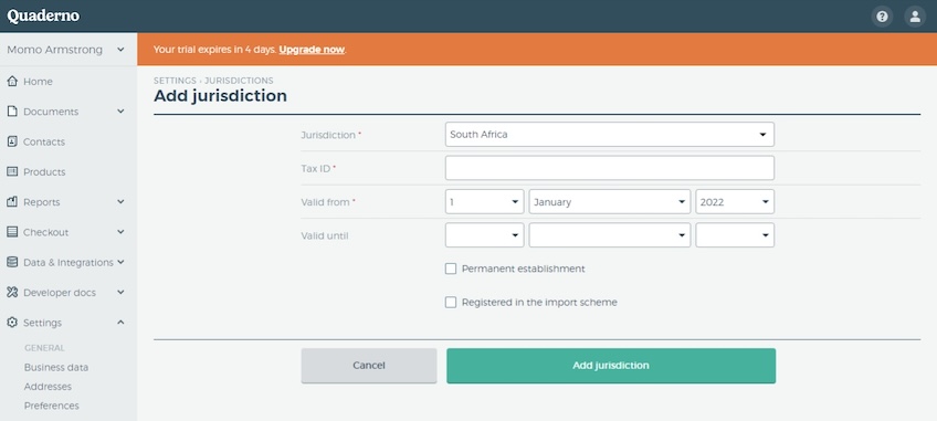 Form to add jurisdiction in Quaderno interface. 