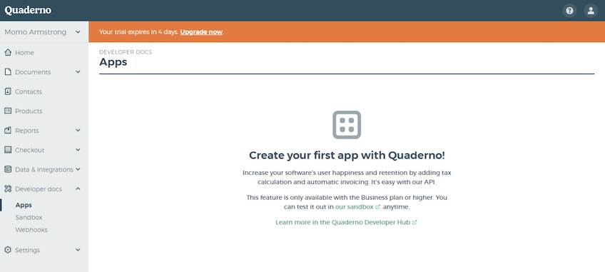 Apps page in Quaderno interface to create first app. 
