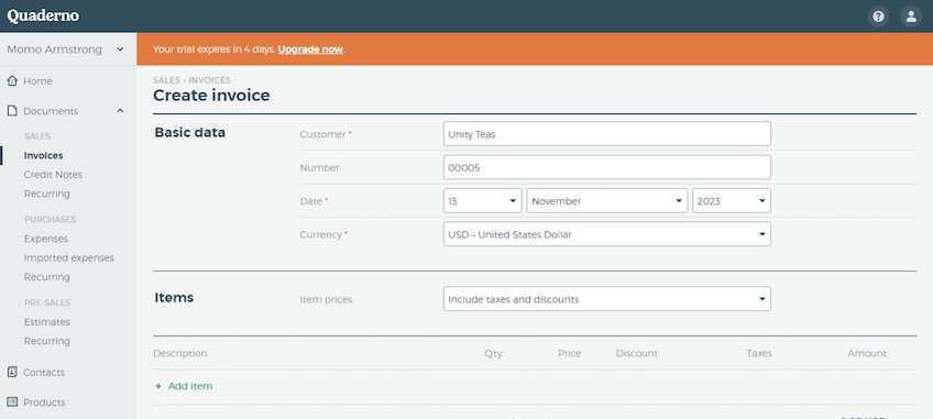 Form to create an invoice in Quaderno platform. 