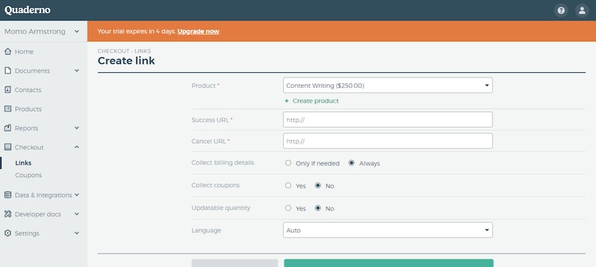 Create a link form in the Quaderno interface. 