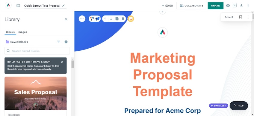 Test proposal in the Qwilr interface. 