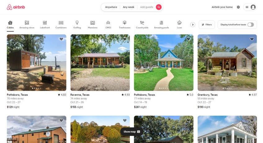 Screenshot of an Airbnb listings page for cabins. 