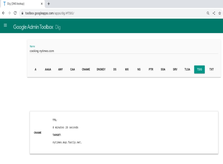 TSIG record in Google Dig tool for cooking.nytimes.com. 