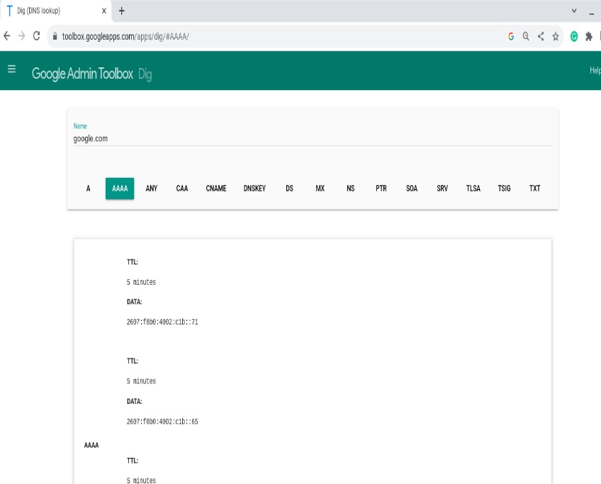 Screenshot of AAAA record in Google Dig tool.