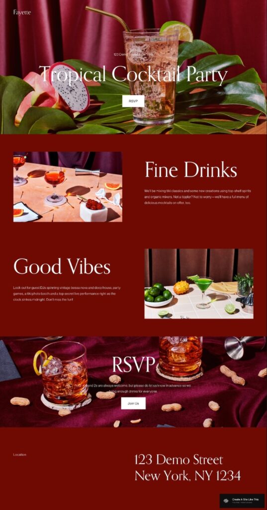 Fayette Fluid template for a cocktail party with various drinks pictured.